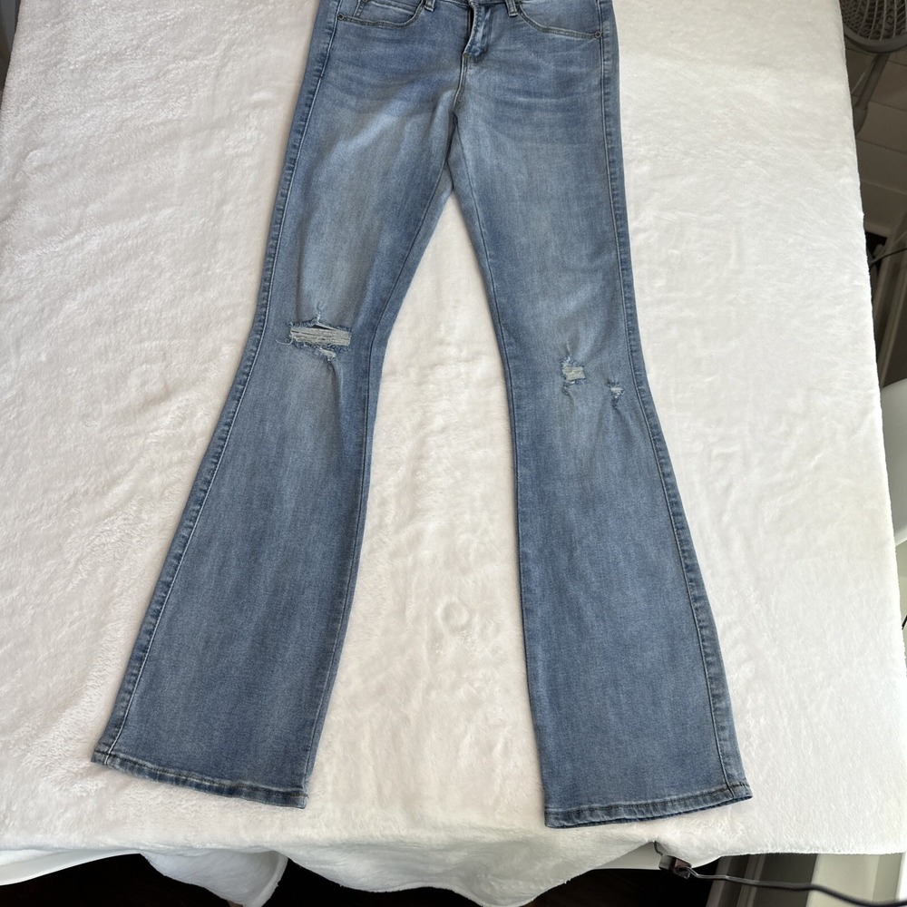 Kendall Kylie High‎ Rise Flare Blue Stretch Denim Bell Bottom Jeans 1/2 Distress